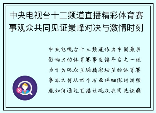 中央电视台十三频道直播精彩体育赛事观众共同见证巅峰对决与激情时刻